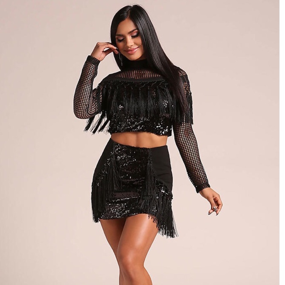Black sequin side tassel mini skirt NWT